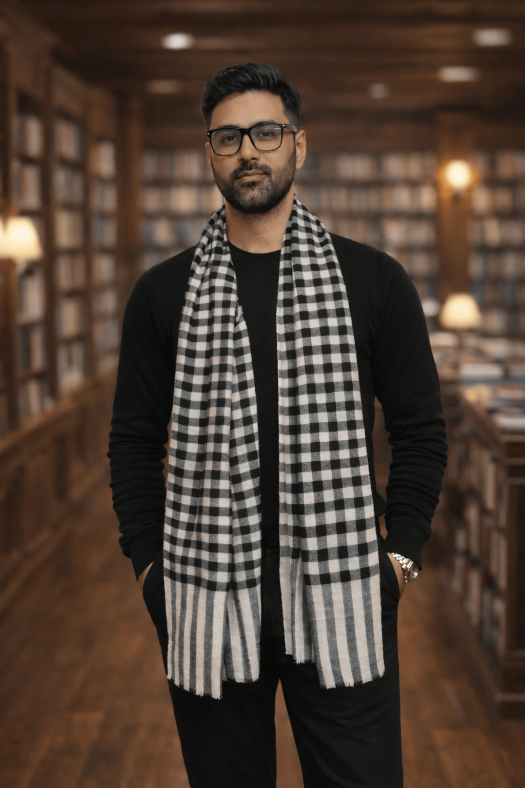 Pashtush India Mens Scarves Stoles and Mufflers Pashtush Mens Pure Pashmina Stole, Handwoven Checkered Design, Black and Beige