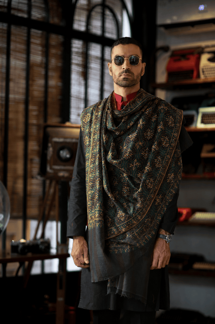 Pashtush India Womens Shawls Pashtush Mens Pure Pashmina Stole, Sozni Hand Embroidery, Hand Woven