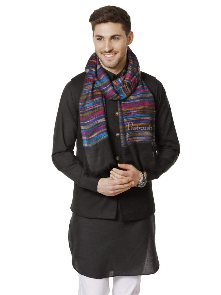 Pashtush India 100x200 PASHTUSH Mens PURE WOOL MULTICOLOUR STRIPED Stole, WITH WOOLMARK CERTIFICATE