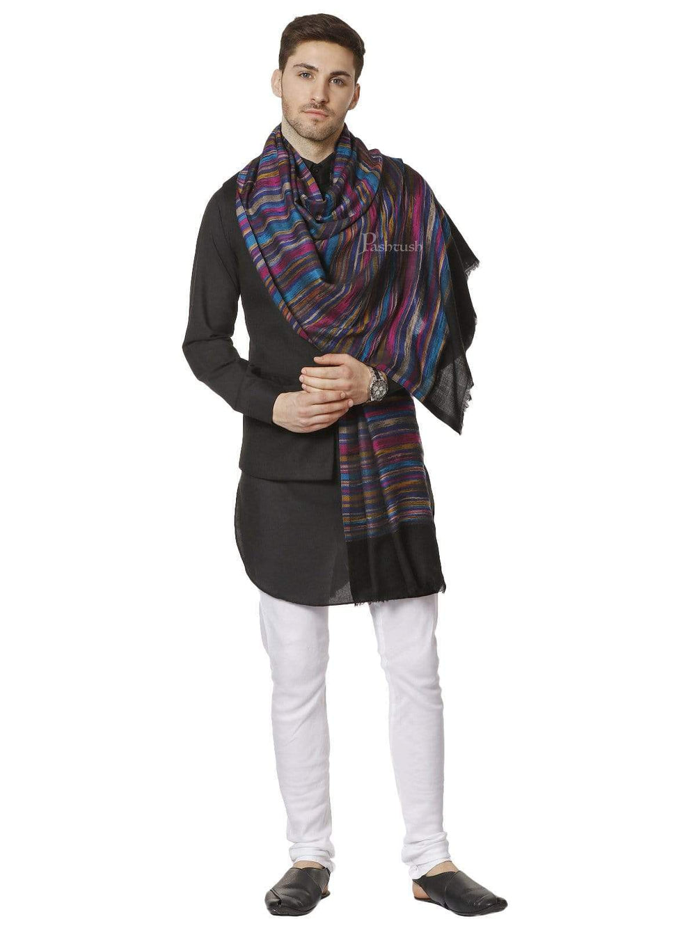 Pashtush India 100x200 PASHTUSH Mens PURE WOOL MULTICOLOUR STRIPED Stole, WITH WOOLMARK CERTIFICATE