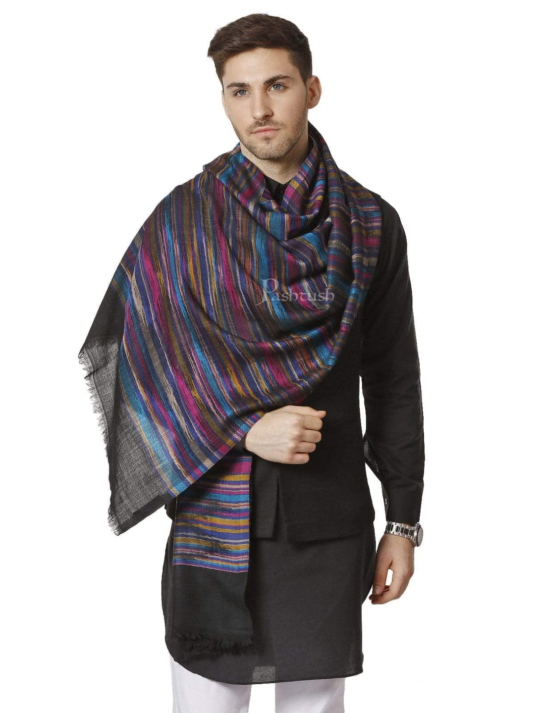 Pashtush India 100x200 PASHTUSH Mens PURE WOOL MULTICOLOUR STRIPED Stole, WITH WOOLMARK CERTIFICATE
