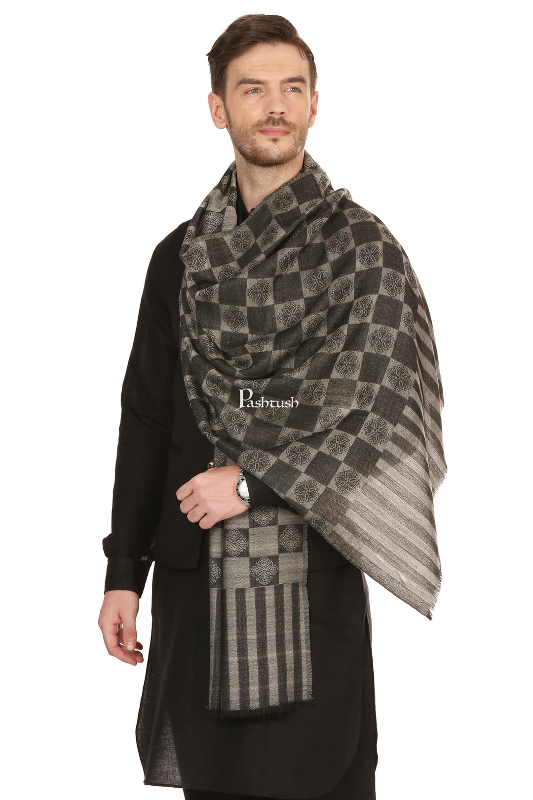 Pashtush India Mens Scarves Stoles and Mufflers Pashtush Mens Reversible Stole, Checkered Design - Black