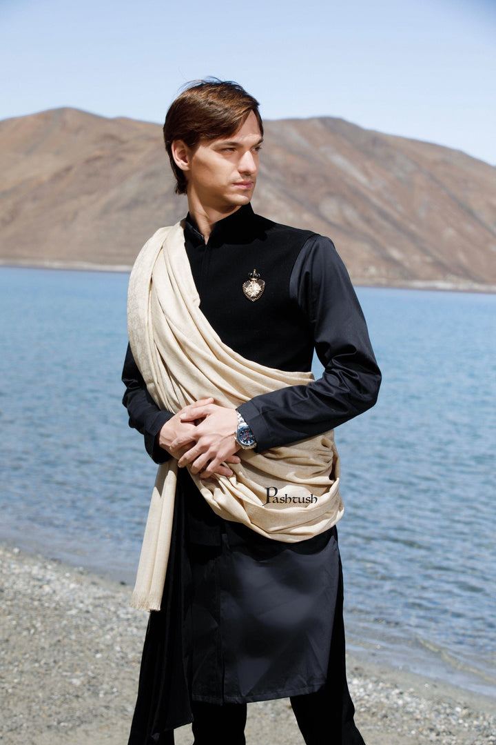 Pashtush India Mens Shawls Gents Shawl Pashtush Mens Shawl 100% Pure Wool With Woolmark Certificate, Self Paisley Weave, Beige
