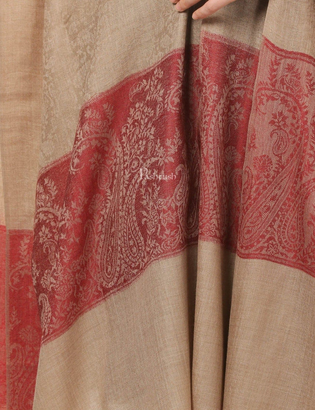 Pashtush India Womens Shawls Pashtush Mens Shawl, Extra Fine Wool, Taupe with Maroon Palla, Paisley Weave