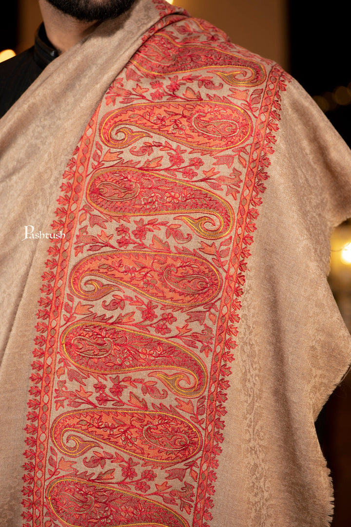 Pashtush India Mens Shawls Gents Shawl Pashtush Mens Shawl, Hand Embroidered Ethnic Weave Palla , Soft Fine Wool, Full Size, Taupe