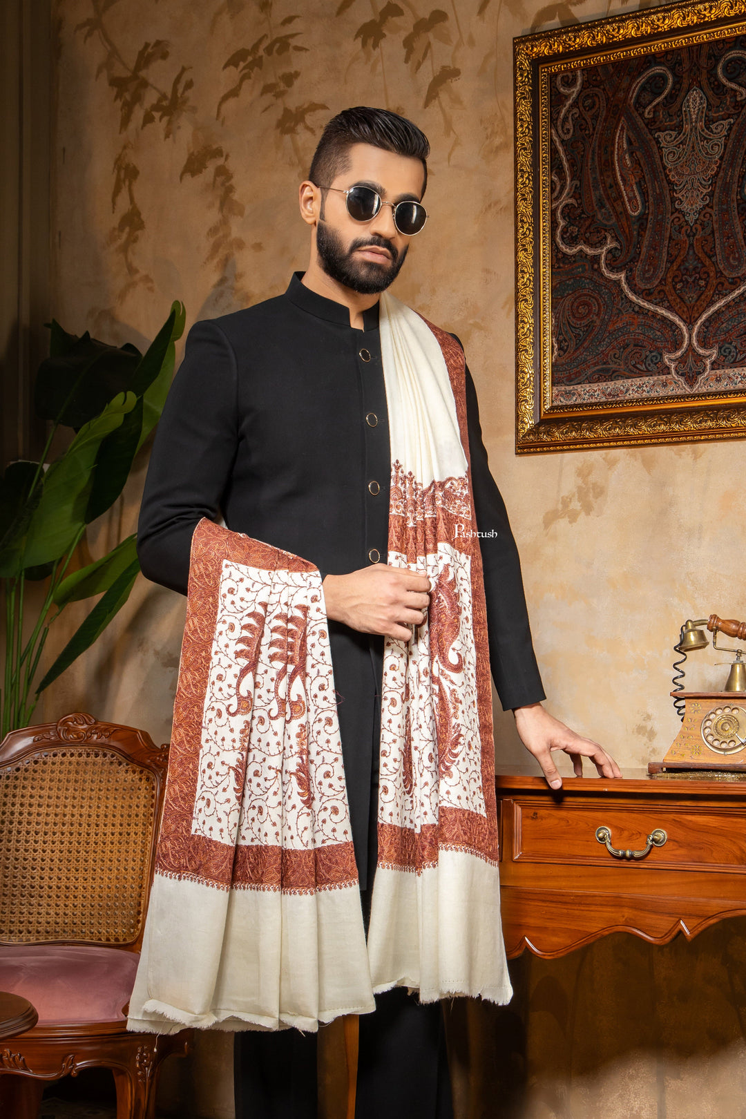 Pashtush India Mens Shawls Gents Shawl Pashtush Mens Shawl, Kashmiri Embroidery, Soft and Warm, Palla Design Intricate stitch, Ivory