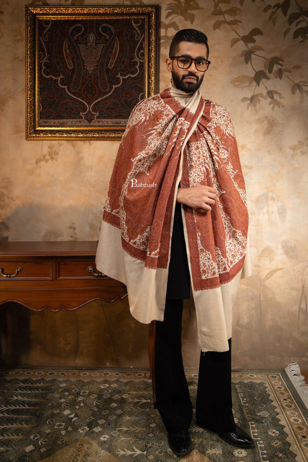 Pashtush India Mens Shawls Gents Shawl Pashtush Mens Shawl, Kashmiri Embroidery, Soft and Warm, Palla Design, Intricate stitch, Taupe