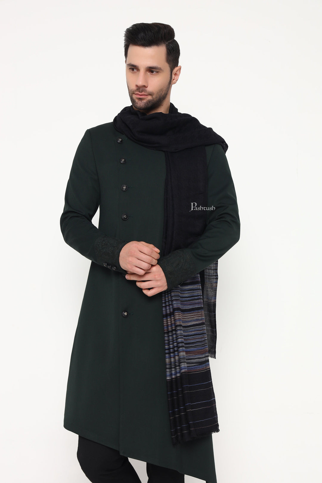 Pashtush India Mens Shawls Gents Shawl Pashtush Mens Shawl, Reversible Design, Black
