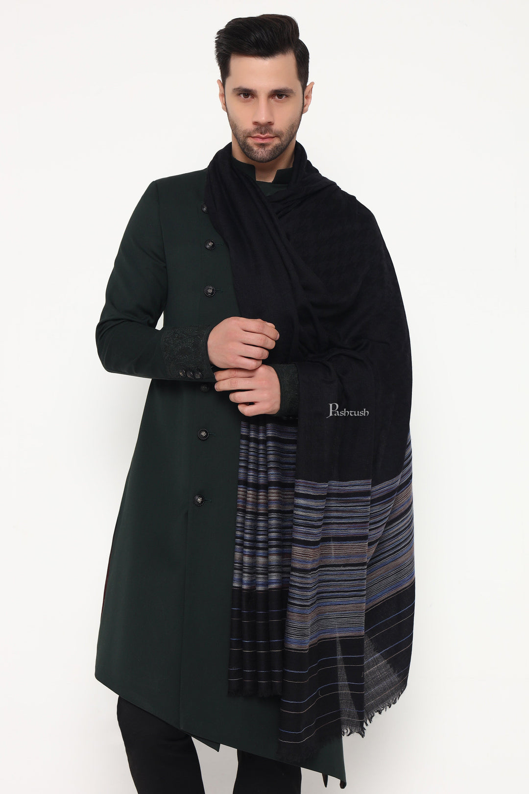 Pashtush India Mens Shawls Gents Shawl Pashtush Mens Shawl, Reversible Design, Black