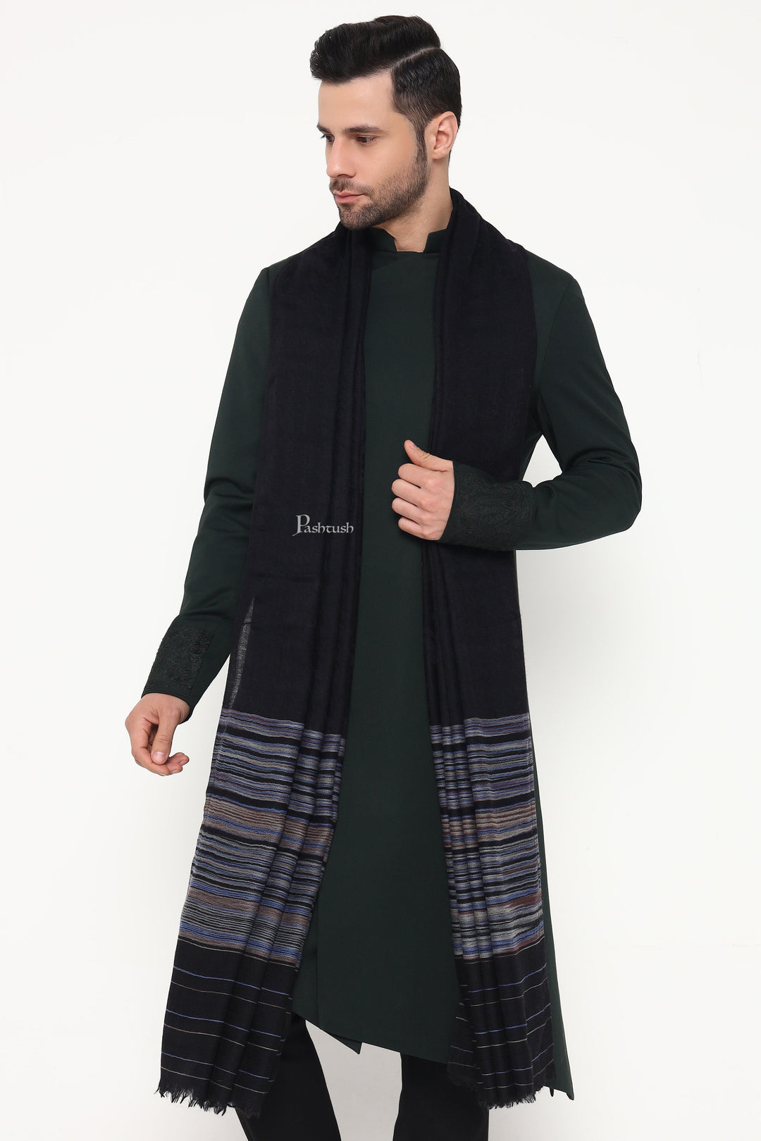 Pashtush India Mens Shawls Gents Shawl Pashtush Mens Shawl, Reversible Design, Black