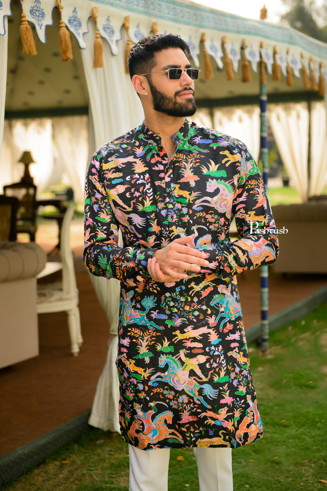 Pashtush India Coats &amp; Jackets Pashtush Mens Shikaardar Kurta, Rich Fine Cotton, Black