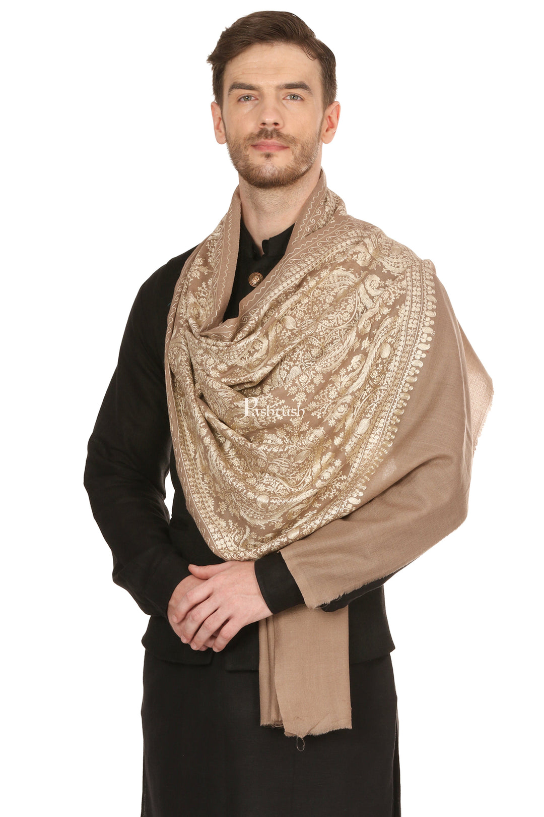 Pashtush India Mens Scarves Stoles and Mufflers Pashtush Mens Silk-Fine Wool Fine Wool, Nalki Embroidery Needlework Stole
