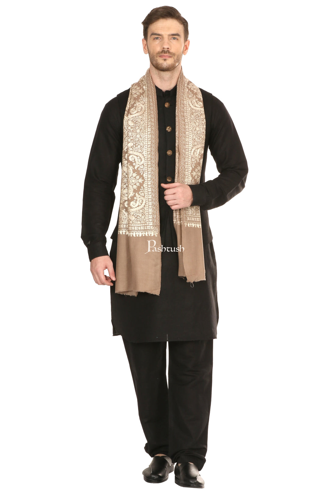 Pashtush India Mens Scarves Stoles and Mufflers Pashtush Mens Silk-Fine Wool Fine Wool, Nalki Embroidery Needlework Stole