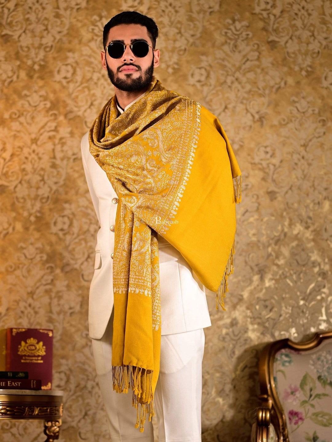 Pashtush India 70x200 Pashtush Mens Silk-Pashmina Fine Wool, Nalki Embroidery, Mustard