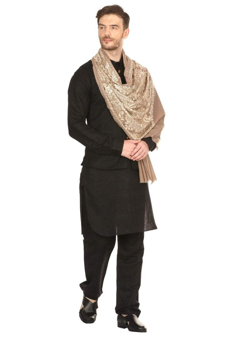 Pashtush Store Stole Pashtush Mens Silk-Pashmina Fine Wool, Nalki Embroidery Needlework Stole (28x80 inches)