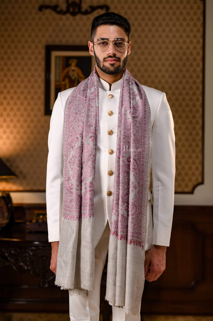 Pashtush India 70x200 Pashtush Mens Silk-Pashmina Fine Wool, Nalki Embroidery Needlework Stole