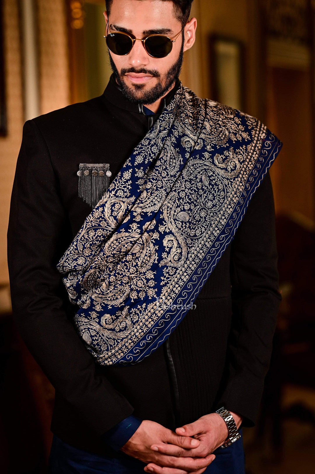Pashtush India 70x200 Pashtush Mens Silk-Pashmina Fine Wool, Nalki Embroidery Needlework Stole