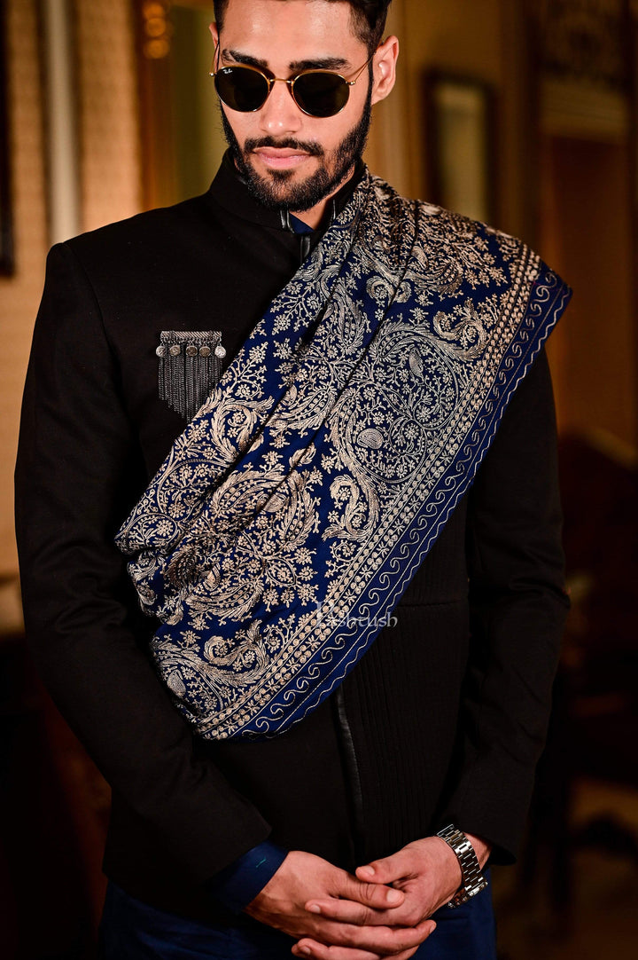Pashtush India 70x200 Pashtush Mens Silk-Pashmina Fine Wool, Nalki Embroidery Needlework Stole