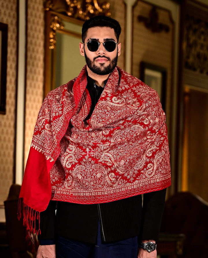 Pashtush India 70x200 Pashtush Mens Silk-Pashmina Fine Wool, Nalki Embroidery Needlework Stole