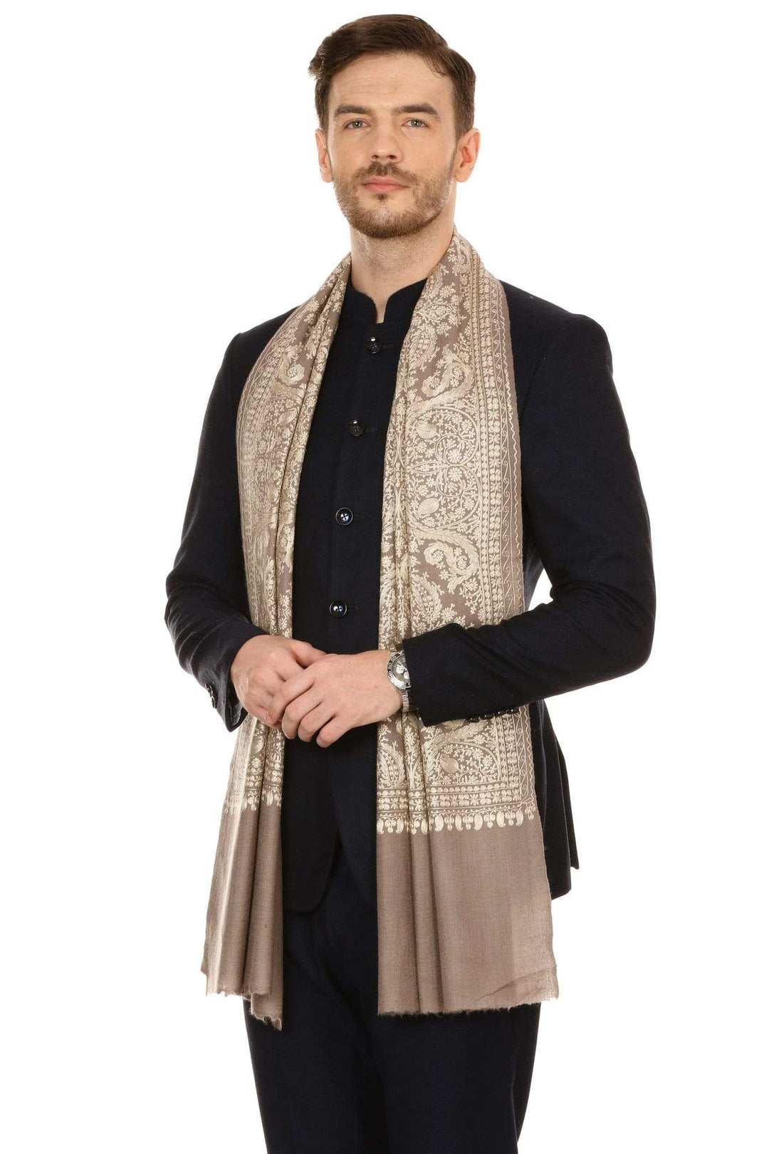 Pashtush Store Stole Pashtush Mens Silk-Pashmina Fine Wool, Nalki Embroidery Stole (28x80 inches) - Beige