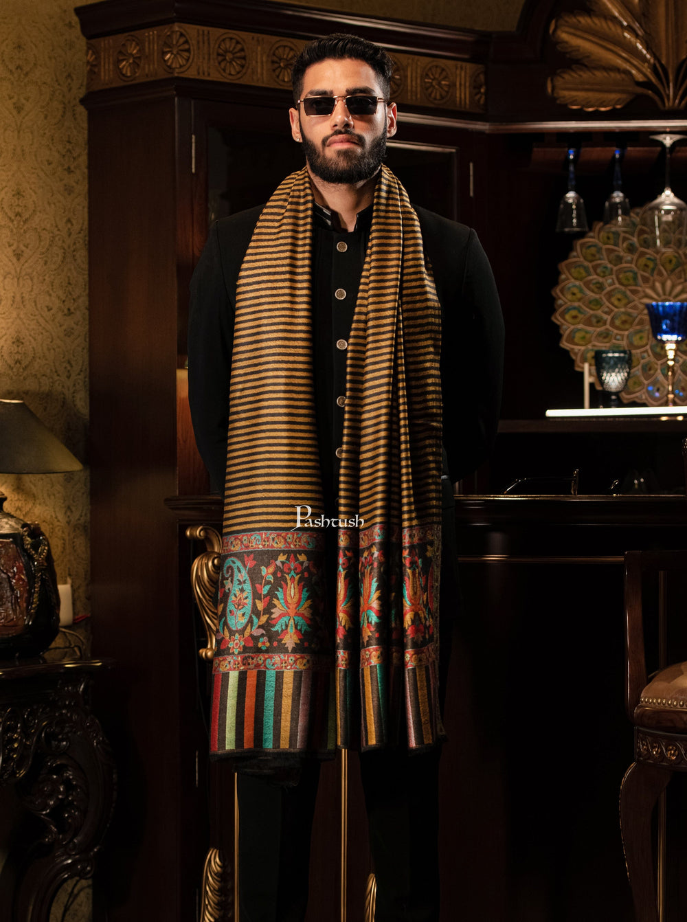Pashtush India Mens Shawls Gents Shawl Pashtush Mens Soft Wool Cashmere Blended Stole With Ethnic Weave Palla, Multicolour
