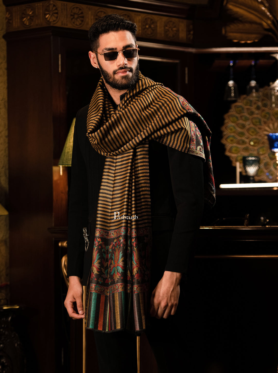 Pashtush India Mens Shawls Gents Shawl Pashtush Mens Soft Wool Cashmere Blended Stole With Ethnic Weave Palla, Multicolour