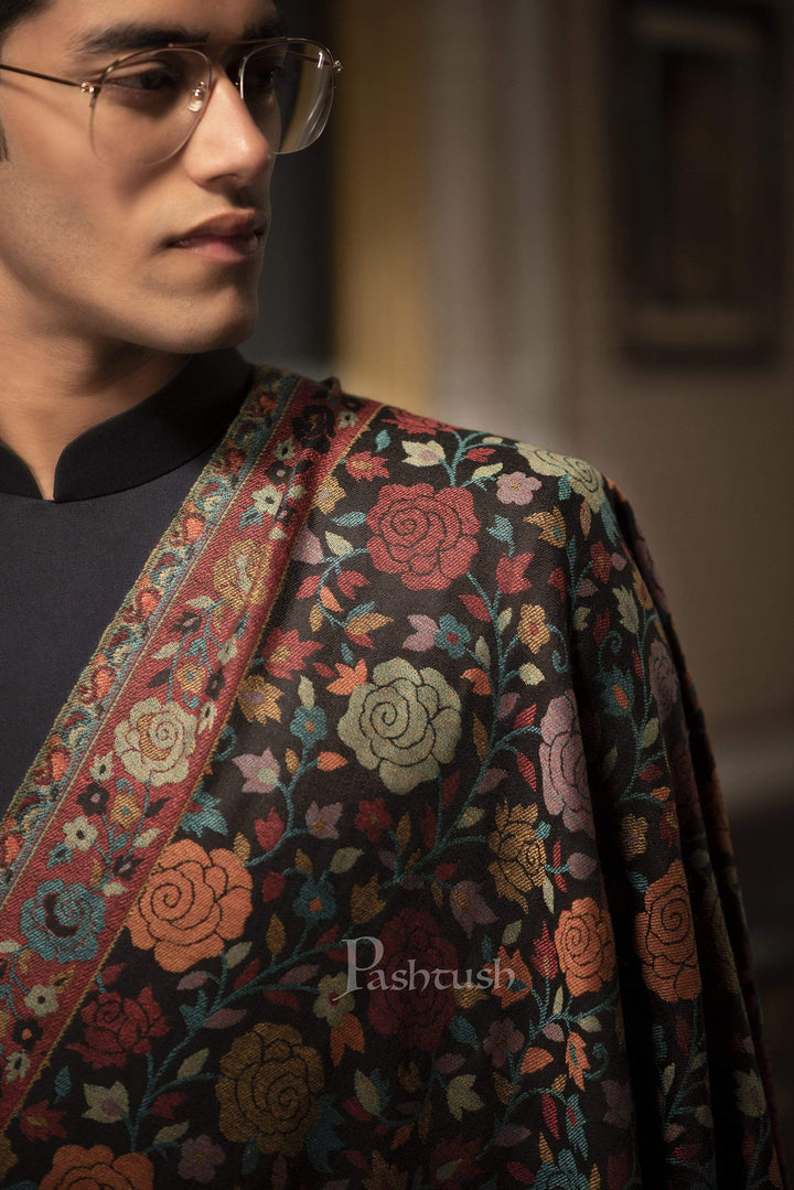 Pashtush India 70x200 Pashtush Mens Soft Wool, Kaani Weave Stole, Gulaab-dar, Black