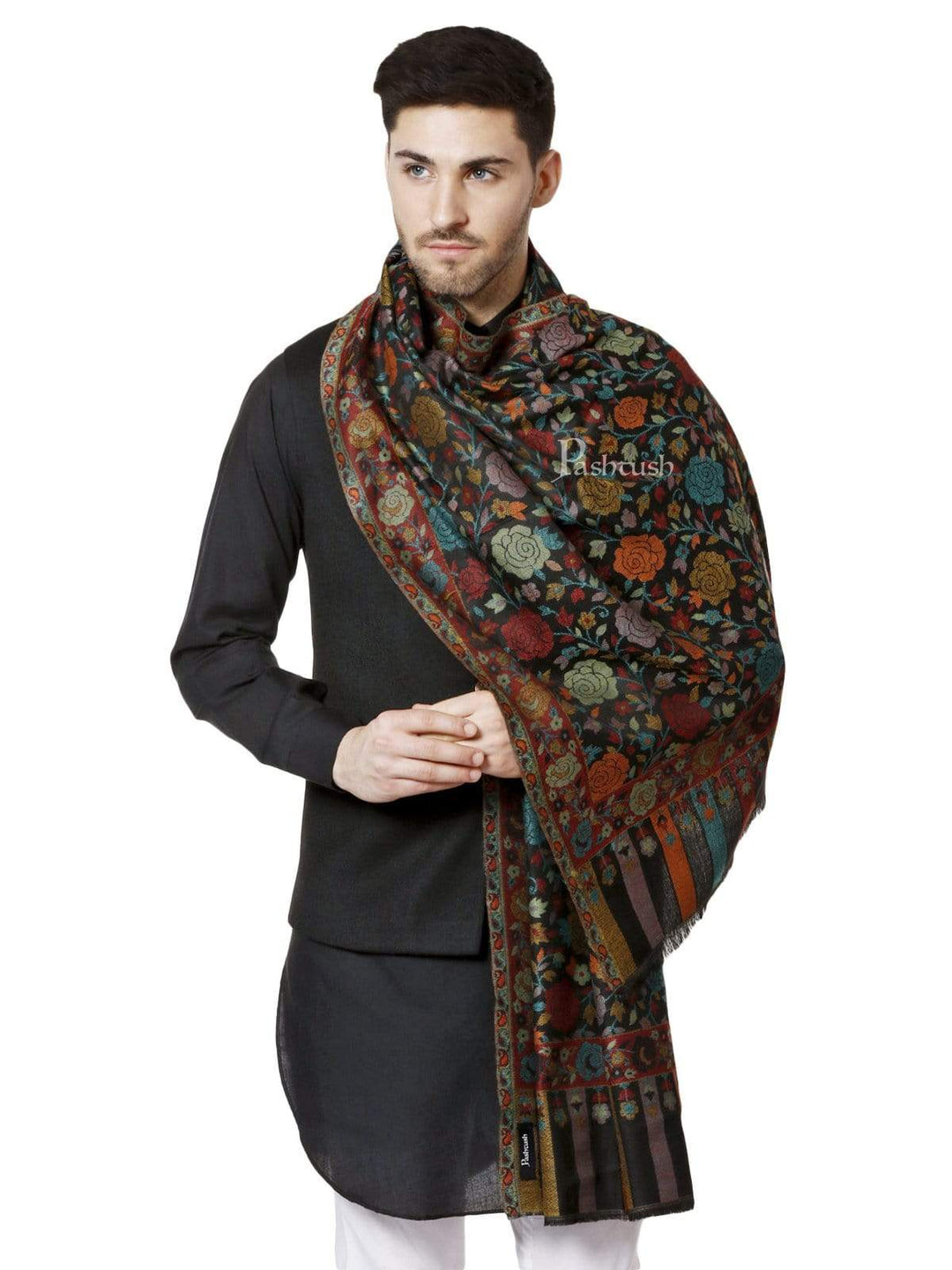 Pashtush India 70x200 Pashtush Mens Soft Wool, Kaani Weave Stole, Gulaab-dar, Black