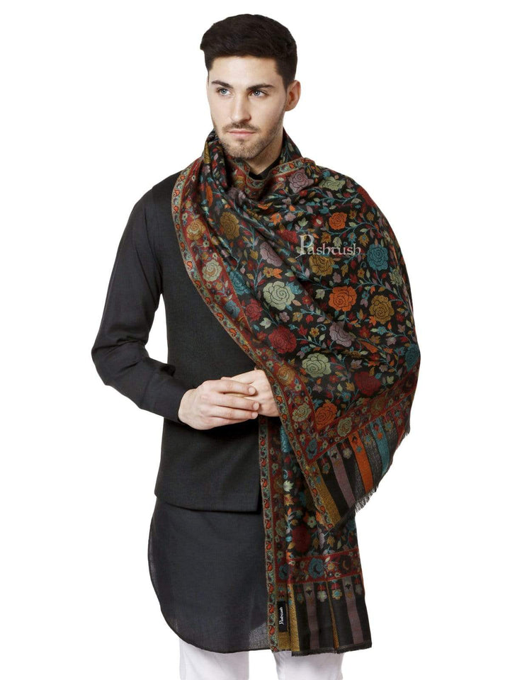Pashtush India 70x200 Pashtush Mens Soft Wool, Kaani Weave Stole, Gulaab-dar, Black