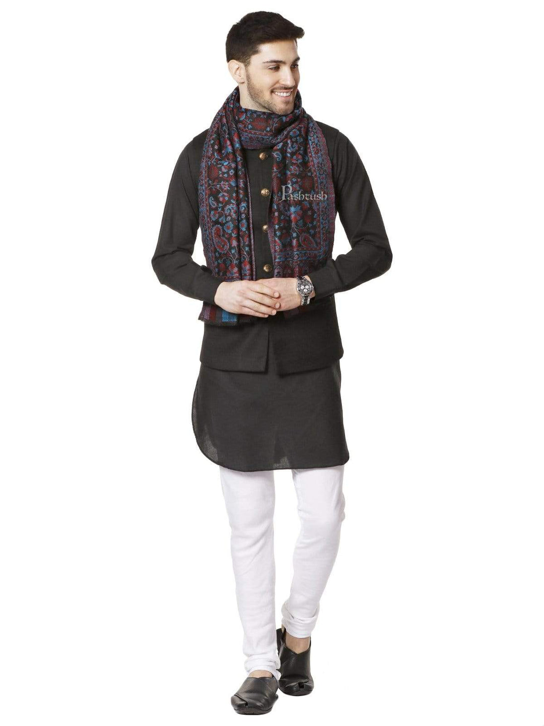 Pashtush India 70x200 Pashtush Mens Soft Wool, Reversible Stole, Scarf, Kaani Weave, Black