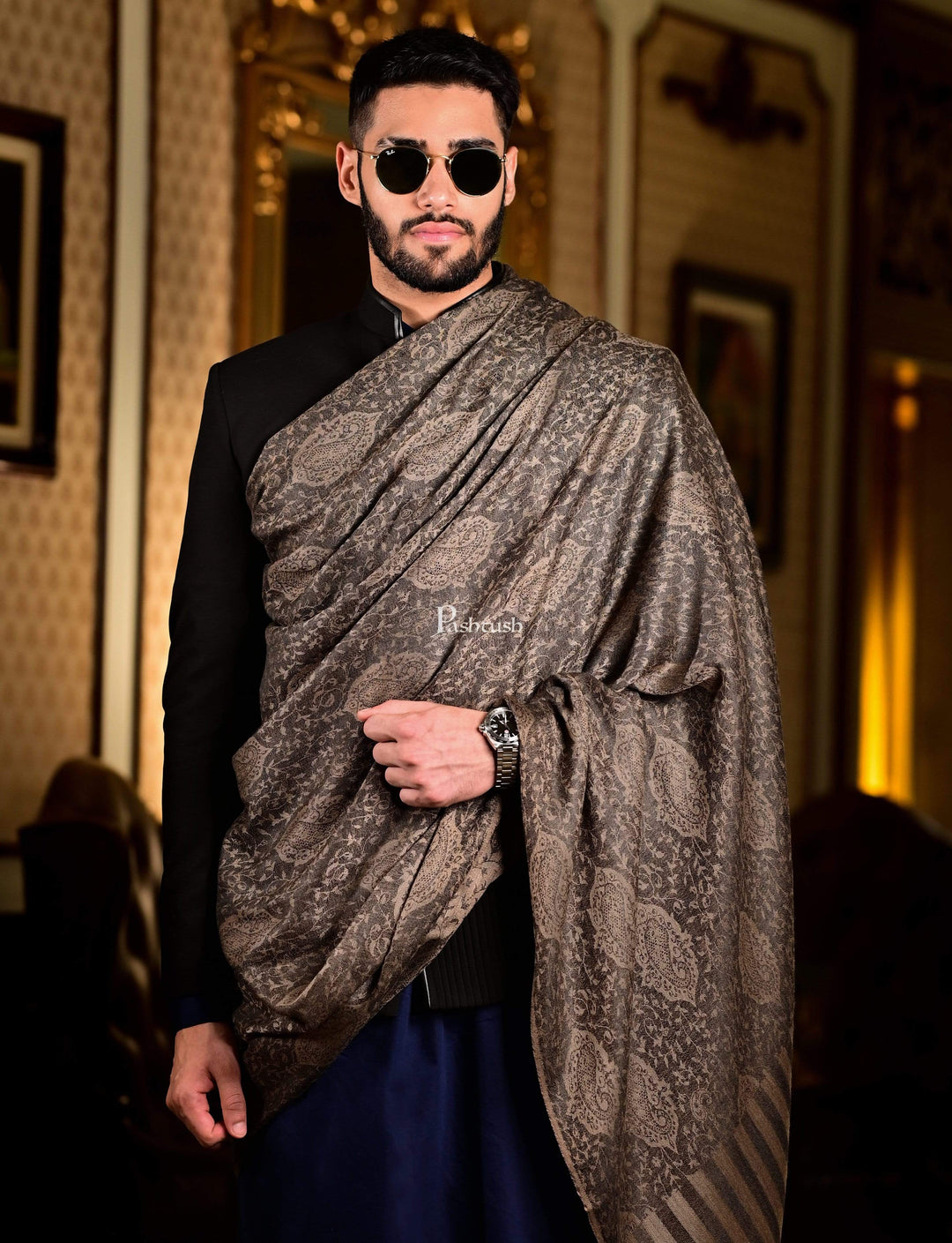 Pashtush India 70x200 Pashtush Mens Soft Wool, Reversible Stole Scarf, Self Paisley Weave