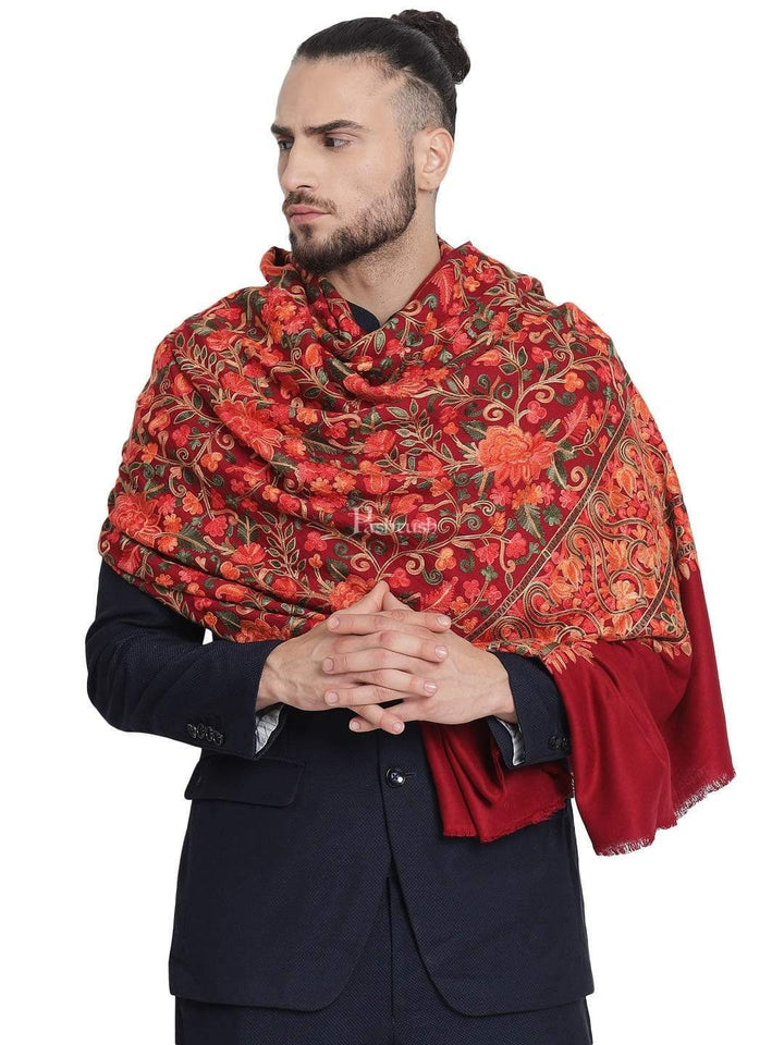Pashtush India 100x200 Pashtush Mens Stole, Aari Embroidery, Maroon