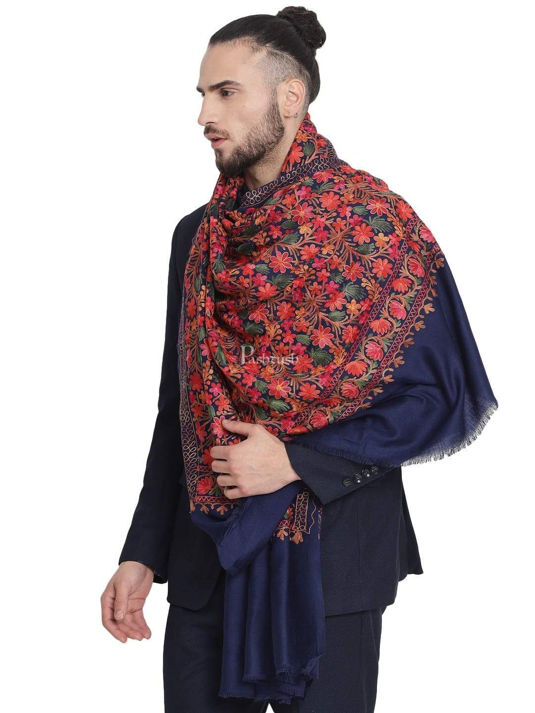 Pashtush India 100x200 Pashtush Mens Stole, Aari Embroidery, Navy