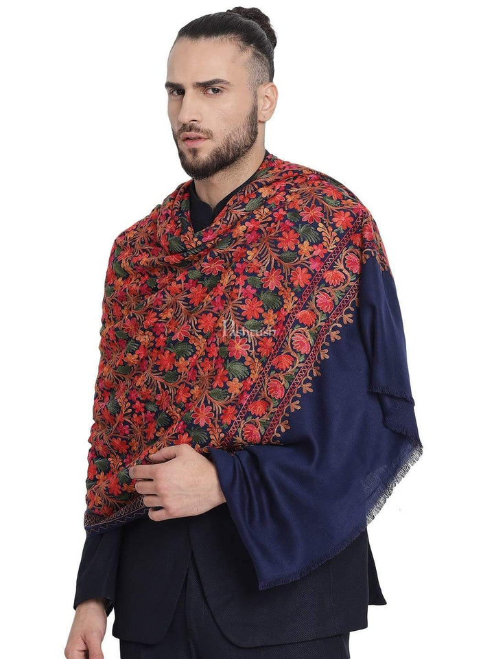 Pashtush India 100x200 Pashtush Mens Stole, Aari Embroidery, Navy