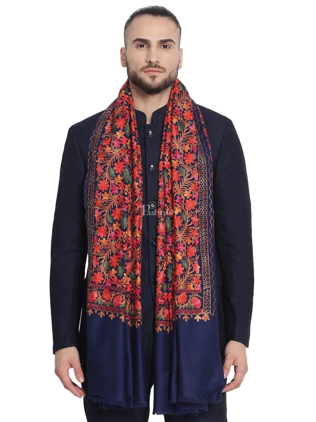 Pashtush India 100x200 Pashtush Mens Stole, Aari Embroidery, Navy