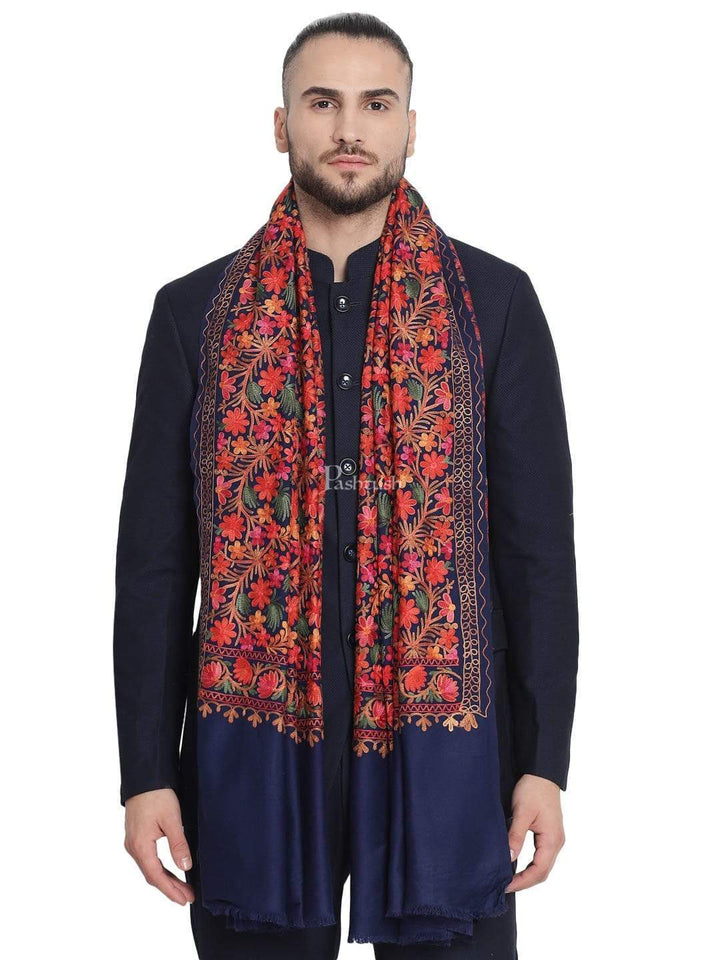 Pashtush India 100x200 Pashtush Mens Stole, Aari Embroidery, Navy