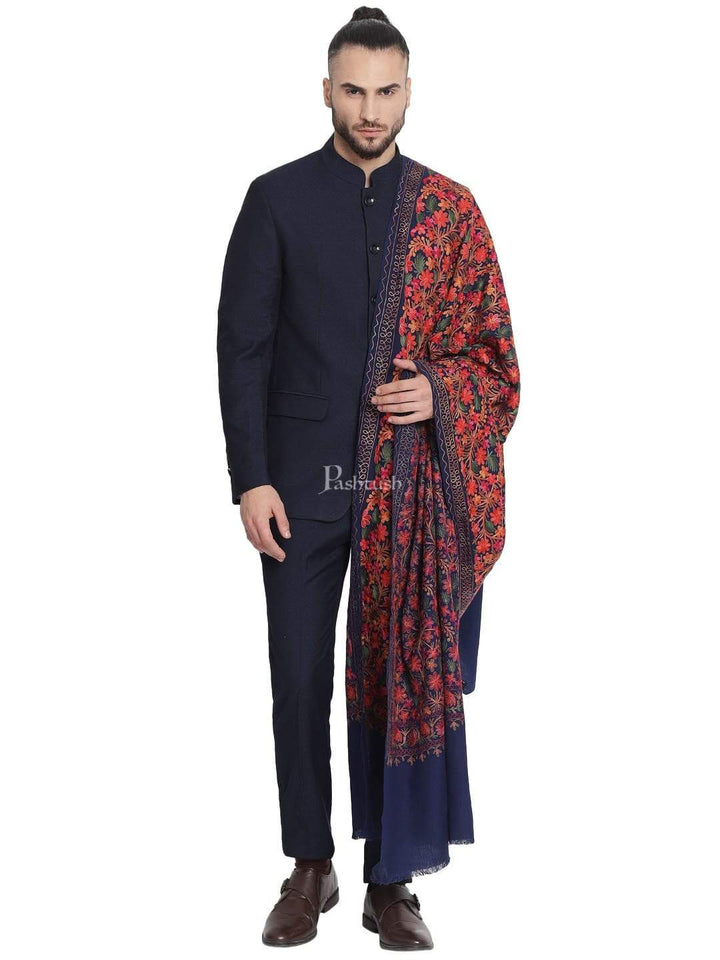 Pashtush India 100x200 Pashtush Mens Stole, Aari Embroidery, Navy