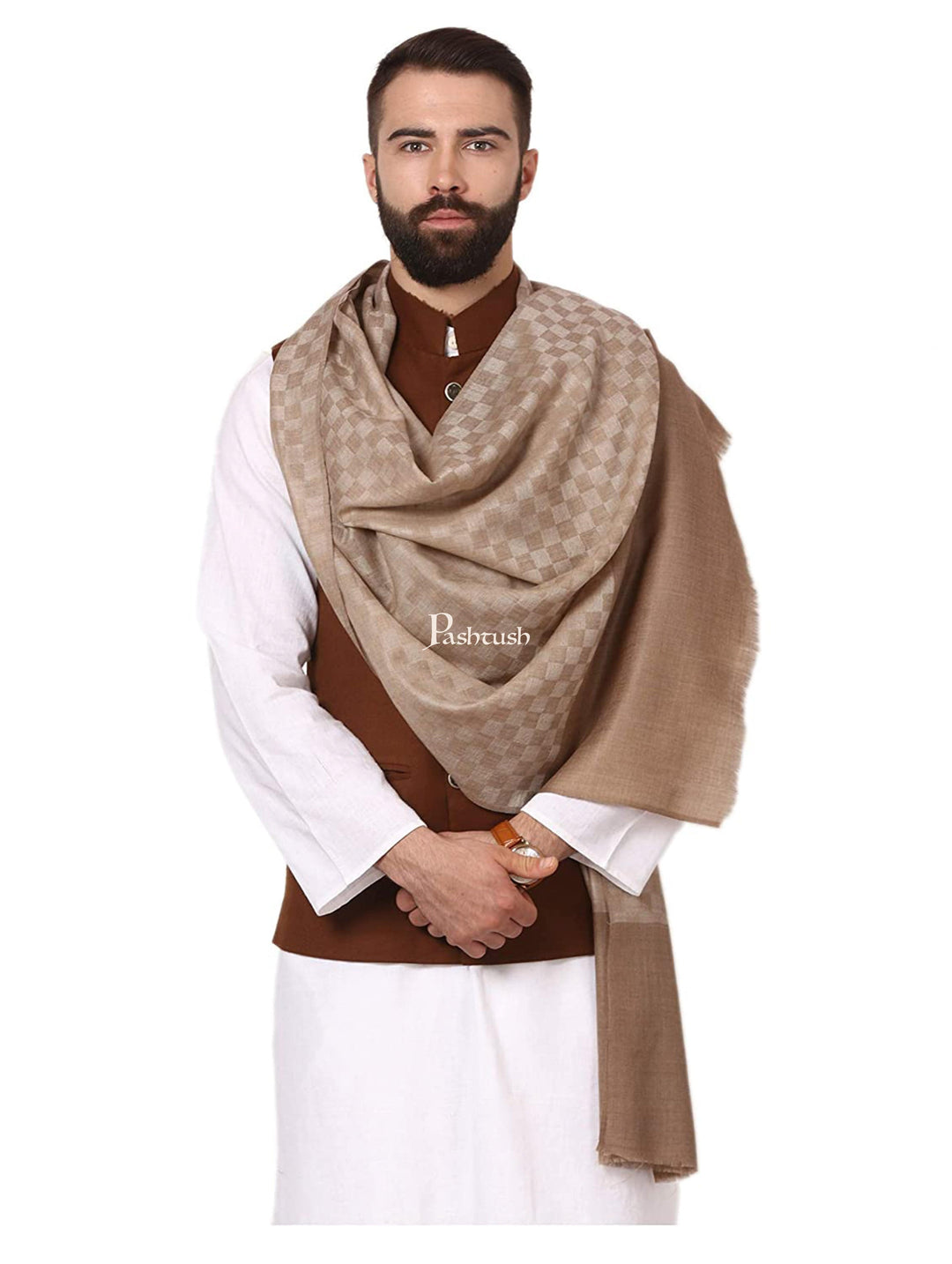 Pashtush India Mens Scarves Stoles and Mufflers Pashtush Mens Stole, Checkered Design, Extra-Soft Cashmere Feel, Taupe