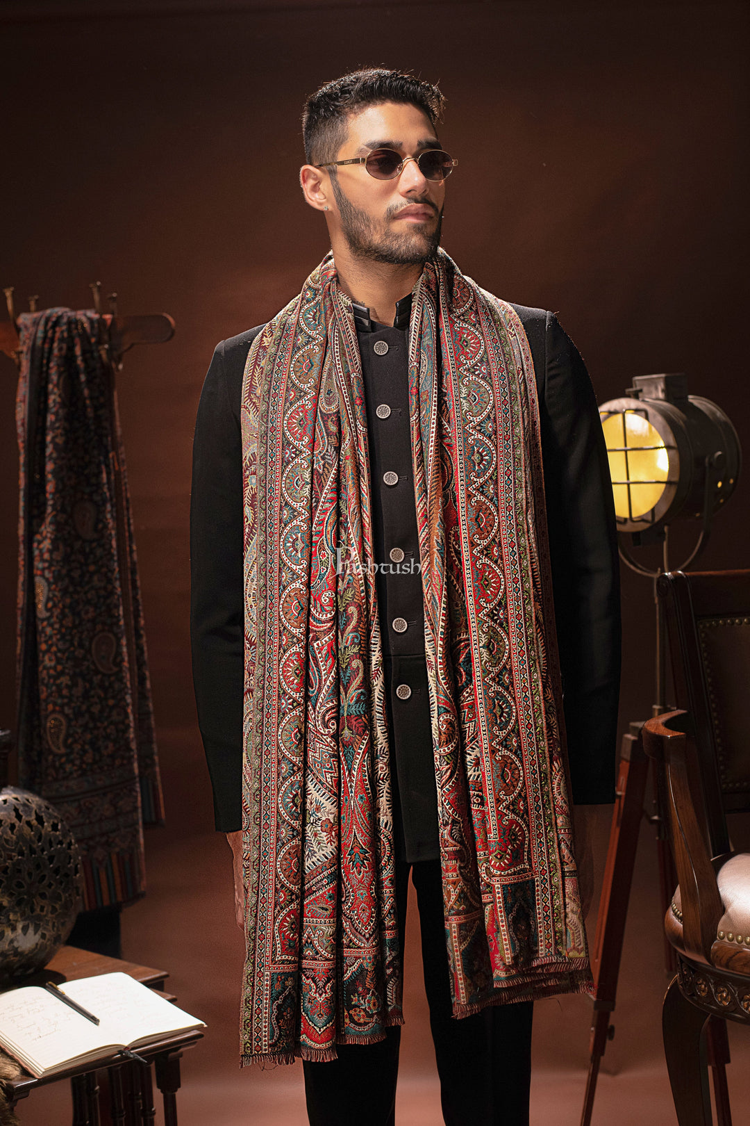 Pashtush India Mens Scarves Stoles and Mufflers Pashtush Mens Stole, Faux Pashmina, Woven Antique Heritage Design, Jamawar