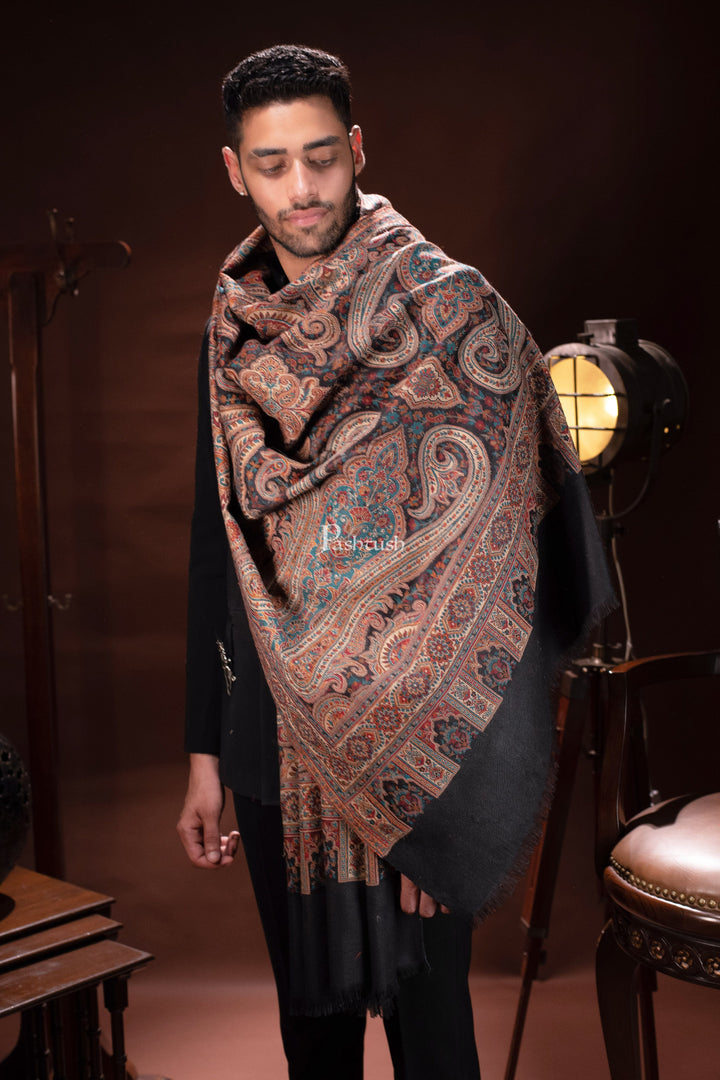 Pashtush India Mens Scarves Stoles and Mufflers Pashtush Mens Stole, Faux Pashmina, Woven Antique Heritage Design, Jamawar, Black