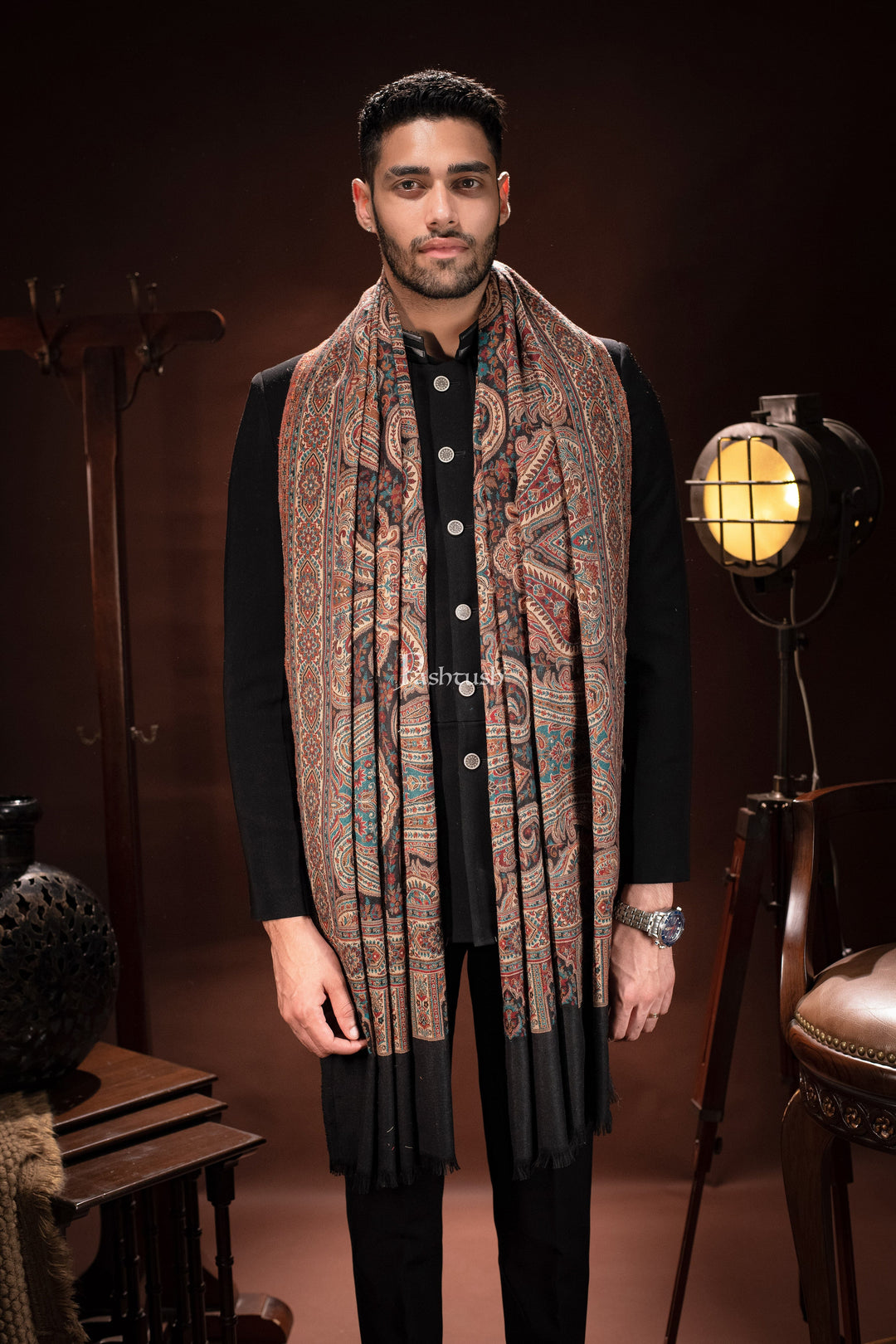Pashtush India Mens Scarves Stoles and Mufflers Pashtush Mens Stole, Faux Pashmina, Woven Antique Heritage Design, Jamawar, Black