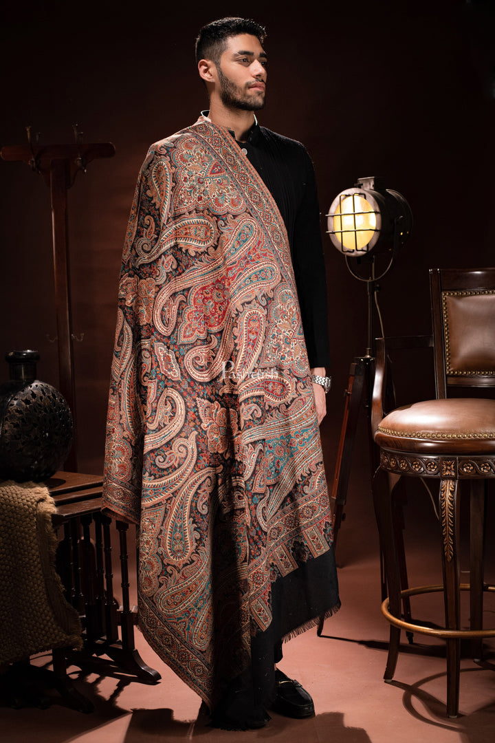 Pashtush India Mens Scarves Stoles and Mufflers Pashtush Mens Stole, Faux Pashmina, Woven Antique Heritage Design, Jamawar, Black