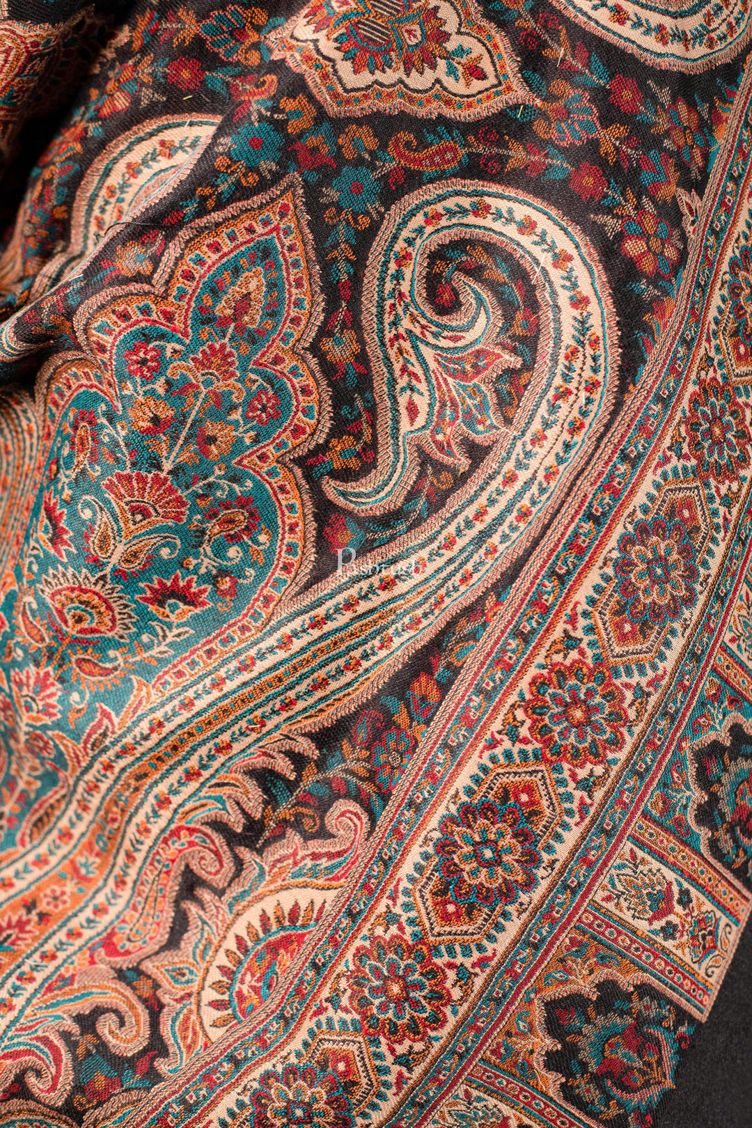 Pashtush India Mens Scarves Stoles and Mufflers Pashtush Mens Stole, Faux Pashmina, Woven Antique Heritage Design, Jamawar, Black