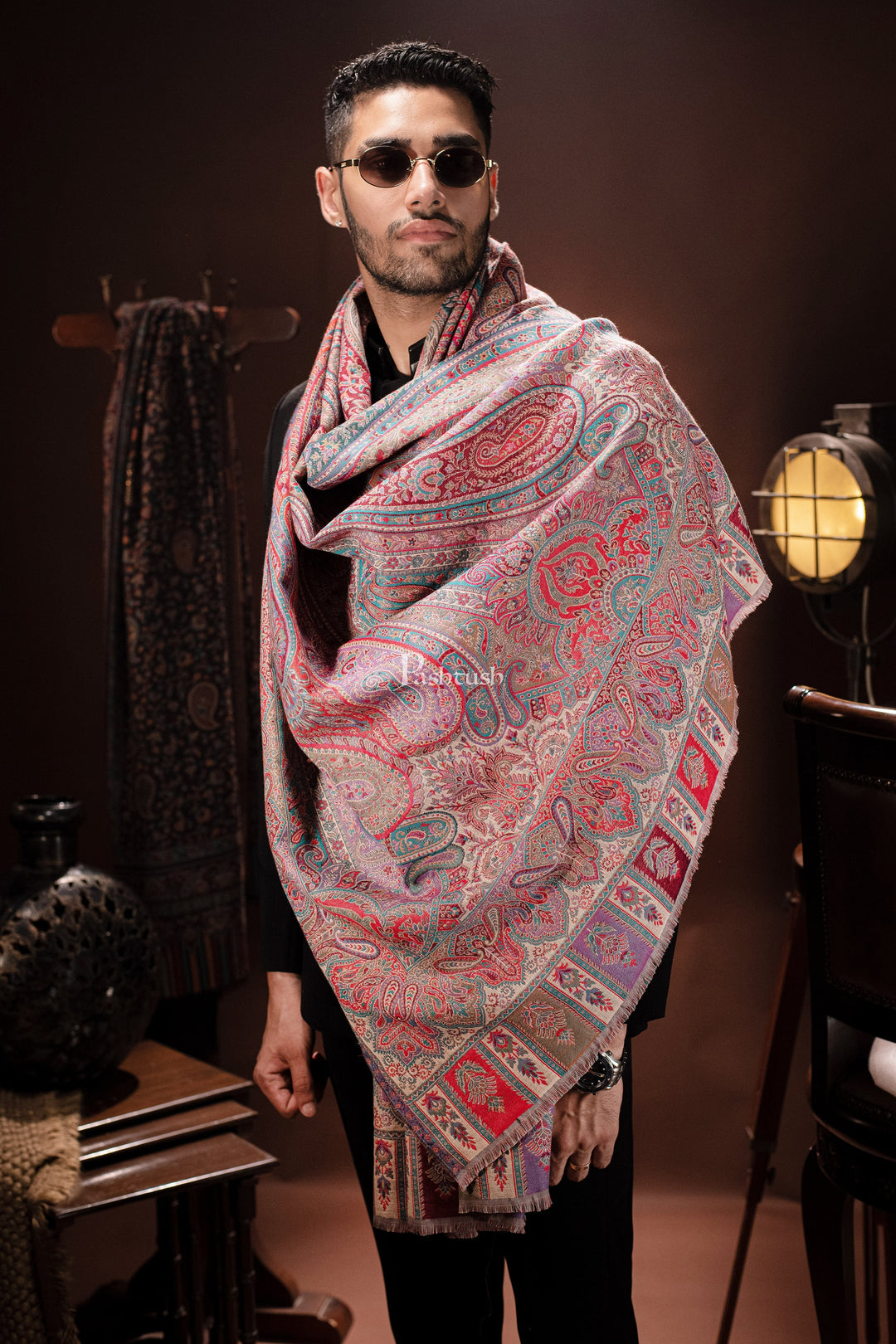 Pashtush India Mens Scarves Stoles and Mufflers Pashtush Mens Stole, Faux Pashmina, Woven Antique Heritage Design, Jamawar, Multicolour