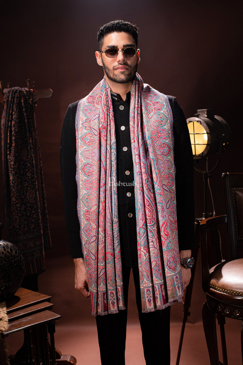 Pashtush India Mens Scarves Stoles and Mufflers Pashtush Mens Stole, Faux Pashmina, Woven Antique Heritage Design, Jamawar, Multicolour