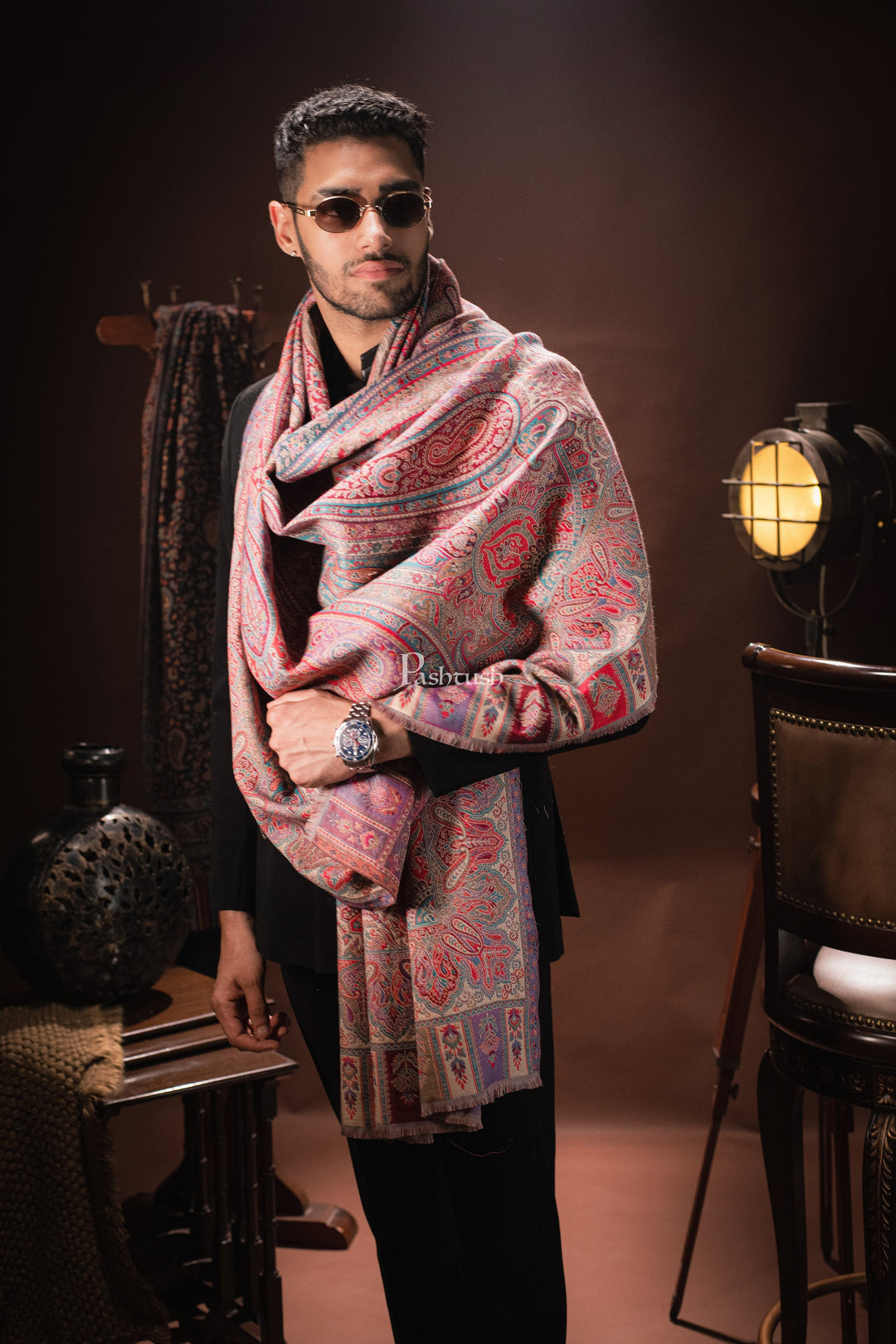 Pashtush India Mens Scarves Stoles and Mufflers Pashtush Mens Stole, Faux Pashmina, Woven Antique Heritage Design, Jamawar, Multicolour
