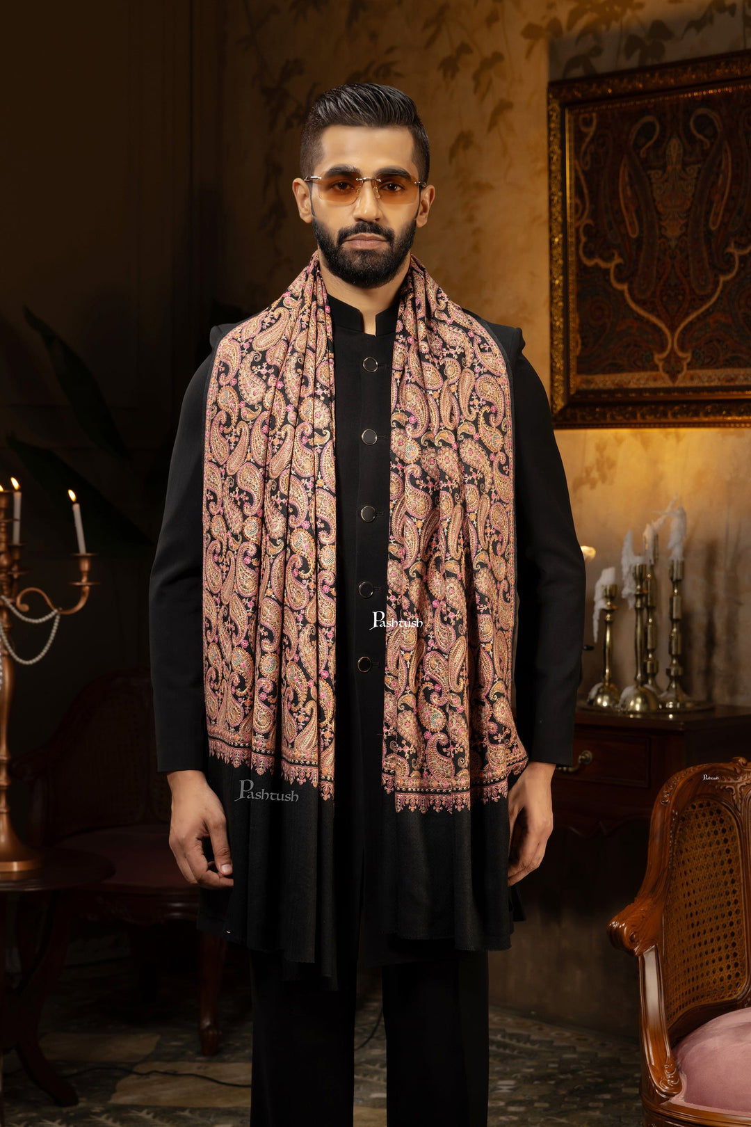 Pashtush India Mens Scarves Stoles and Mufflers Pashtush Mens Stole, Festive Collection, Fine Wool Kashmiri Embroidery, Rich Black