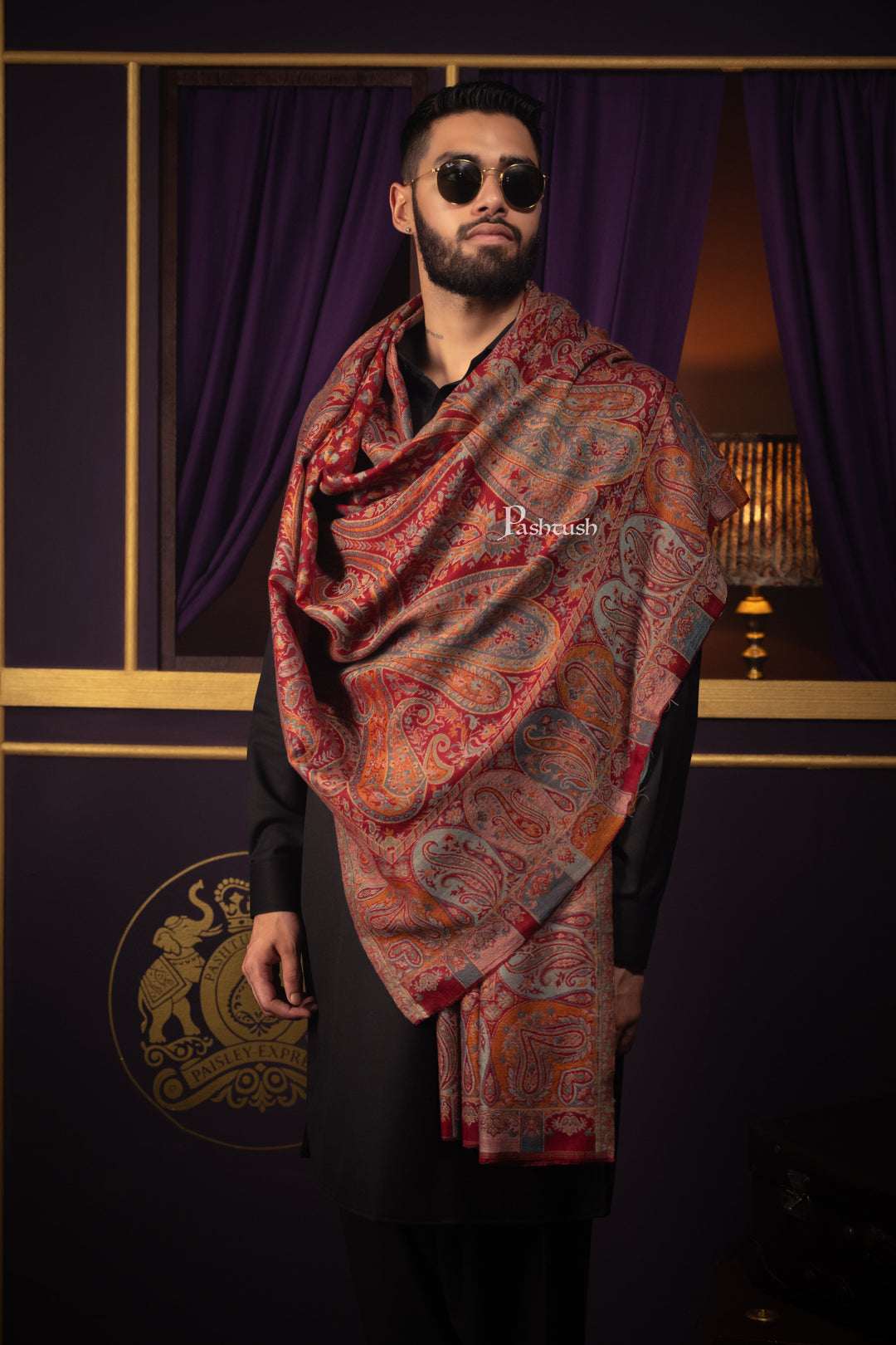 Pashtush India Mens Scarves Stoles and Mufflers Pashtush Mens Stole, Fine Wool, Ethnic Weave, Pailseys, Maroon
