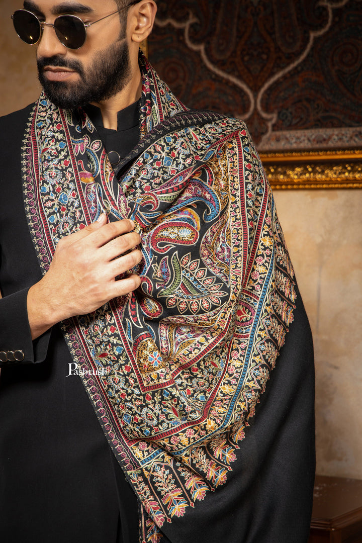 Pashtush India Mens Scarves Stoles and Mufflers Pashtush Mens Stole, Silk Wool with Intricate Kashmiri Embroidery, Rich Black