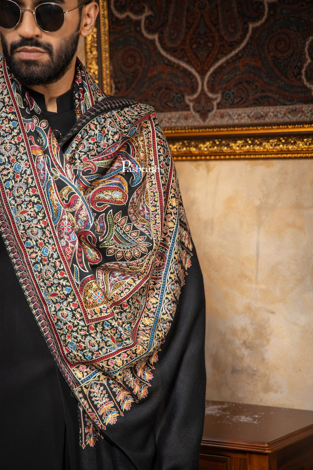 Pashtush India Mens Scarves Stoles and Mufflers Pashtush Mens Stole, Silk Wool with Intricate Kashmiri Embroidery, Rich Black